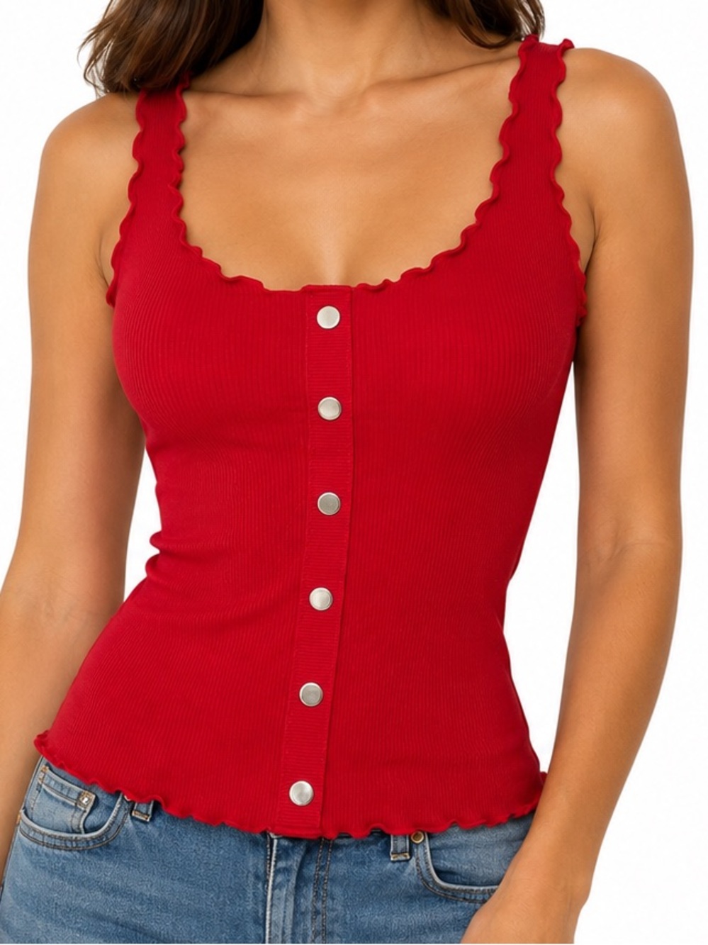 GUESS Lettuce Trim Button-Front Ribbed Tank Top